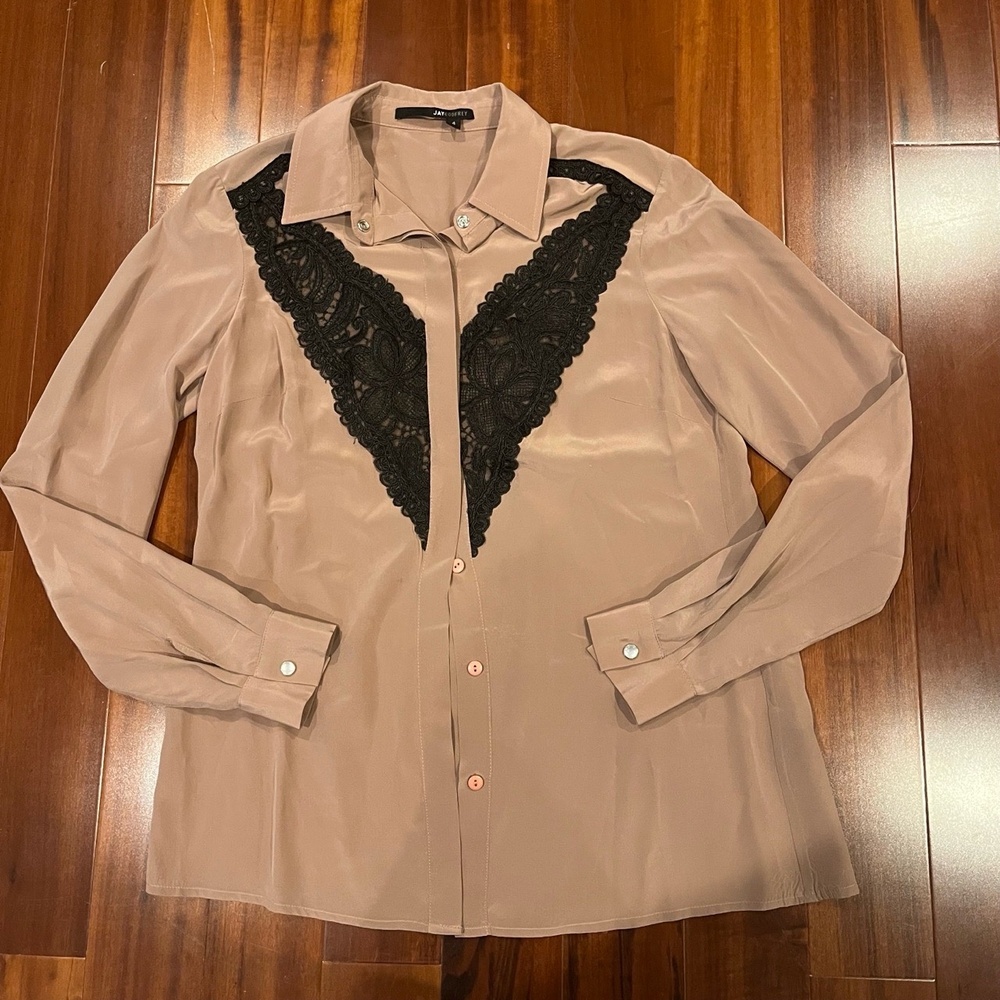 Jay Godfrey Tan Silk Shirt Long Sleeve Black Lace Button Down Top Size 4‎